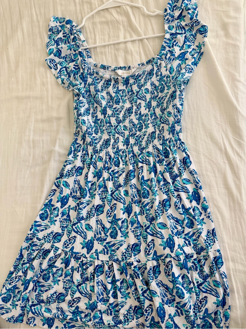 Lilly Pulitzer White Dress with Blue & Teal Shell Print